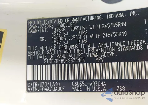 2019 Toyota Highlander Limited Platinum z USA, uszkodzony, nr VIN 5TDDZRFH9KS975105